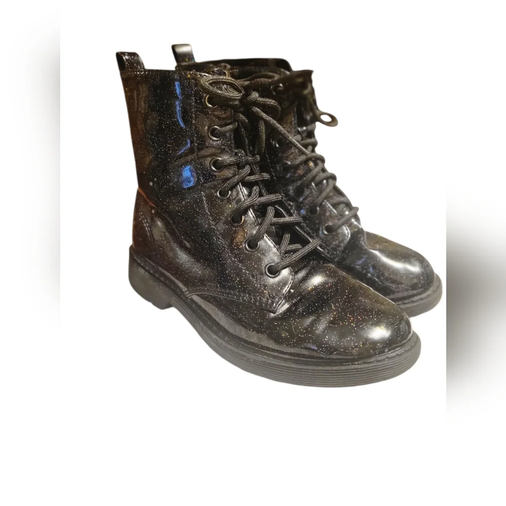 Little Girl's Black Faux Leather Zip-Up Casual Glitter Ankle Combat Boots, Sz 3